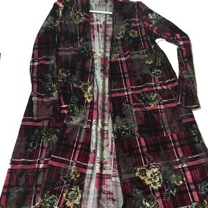 Long Crushed Velvet Plaid Cardigan